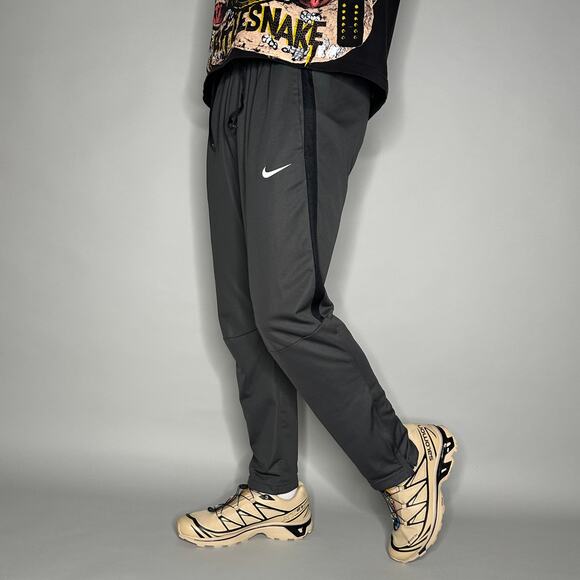 Nike Sweatpants Dark Grey Polyester Joggers White Swoosh Black has Ankle Zippers - Picture 1 of 4